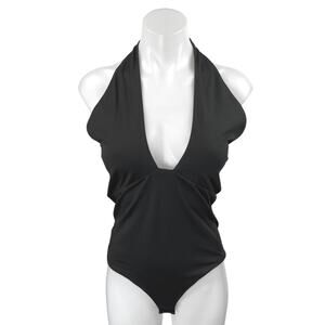 Reoria Women's Black Halter Sleeveless Plunging One Piece Bodysuit Top Size M